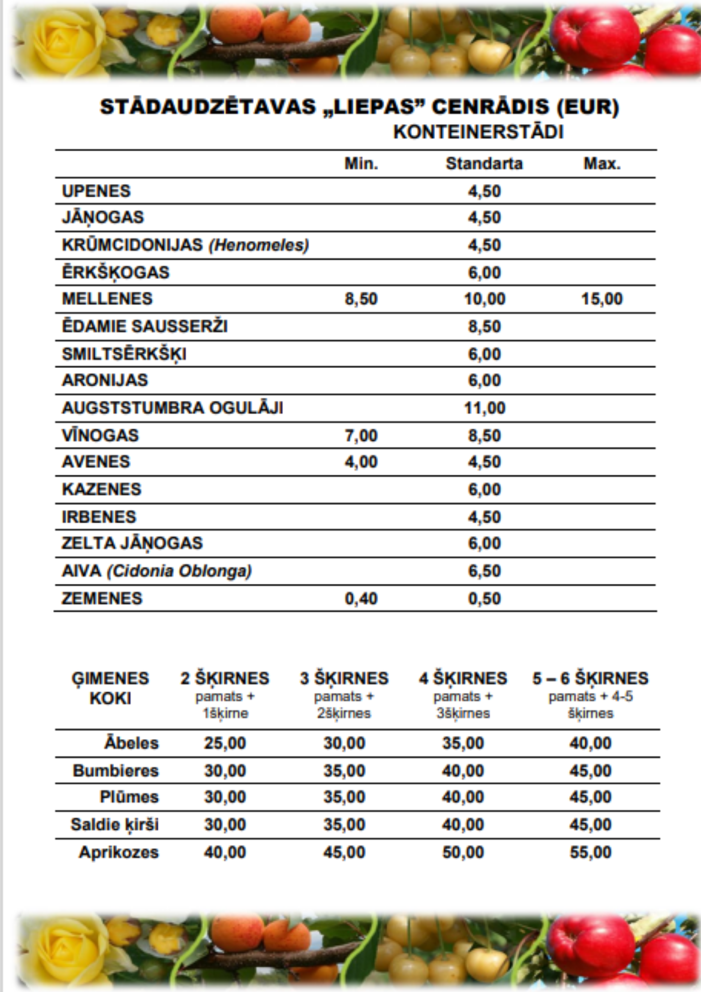 Cenu lapa – Stādaudzētava "Liepas"